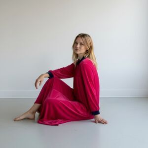 Vintage Christian Dior Pink & Blue 1970s Loungewear House Dress Robe - Large